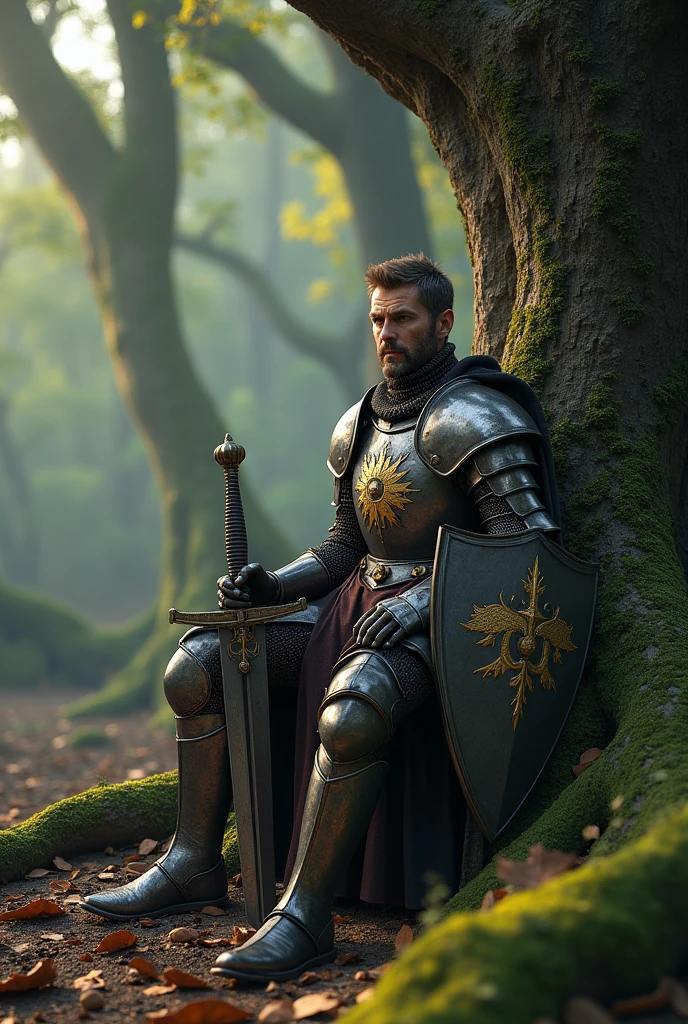 (photorealism:1.2), A Knight sit down at trunk , with shield and sword leaning on the trunk