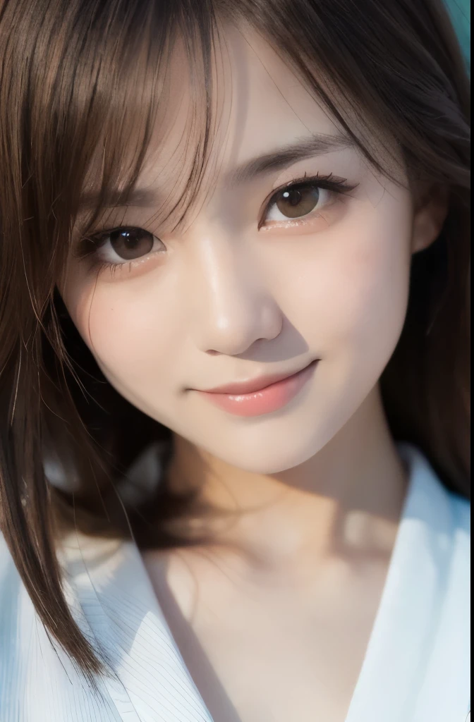 best quality, face focus, soft light, ultra high res, (photorealistic:1.4), RAW photo, (fair skin), (kawaii),
1 Japanese girl, solo, cute, smile, (pupil, lights in the eyes),  detailed beautiful face, Medium-sized breasts,(high resolution detail of human skin texture),(portrait), upper body, Japanese white kimono