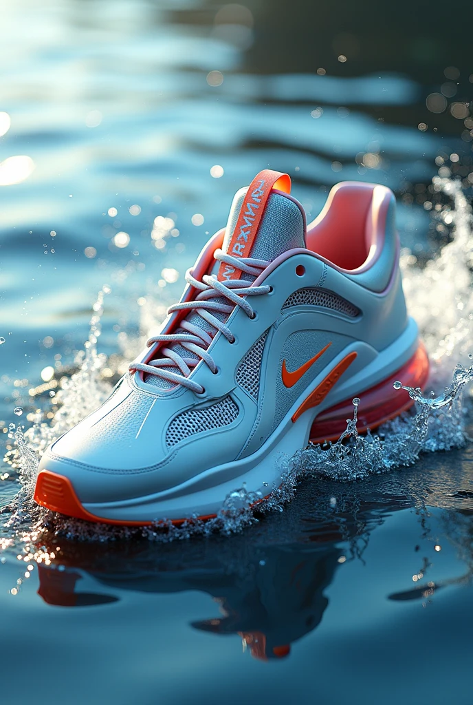 Create an image of a shoe inspired by Nike Air, with water splashing and sunlight hitting it.