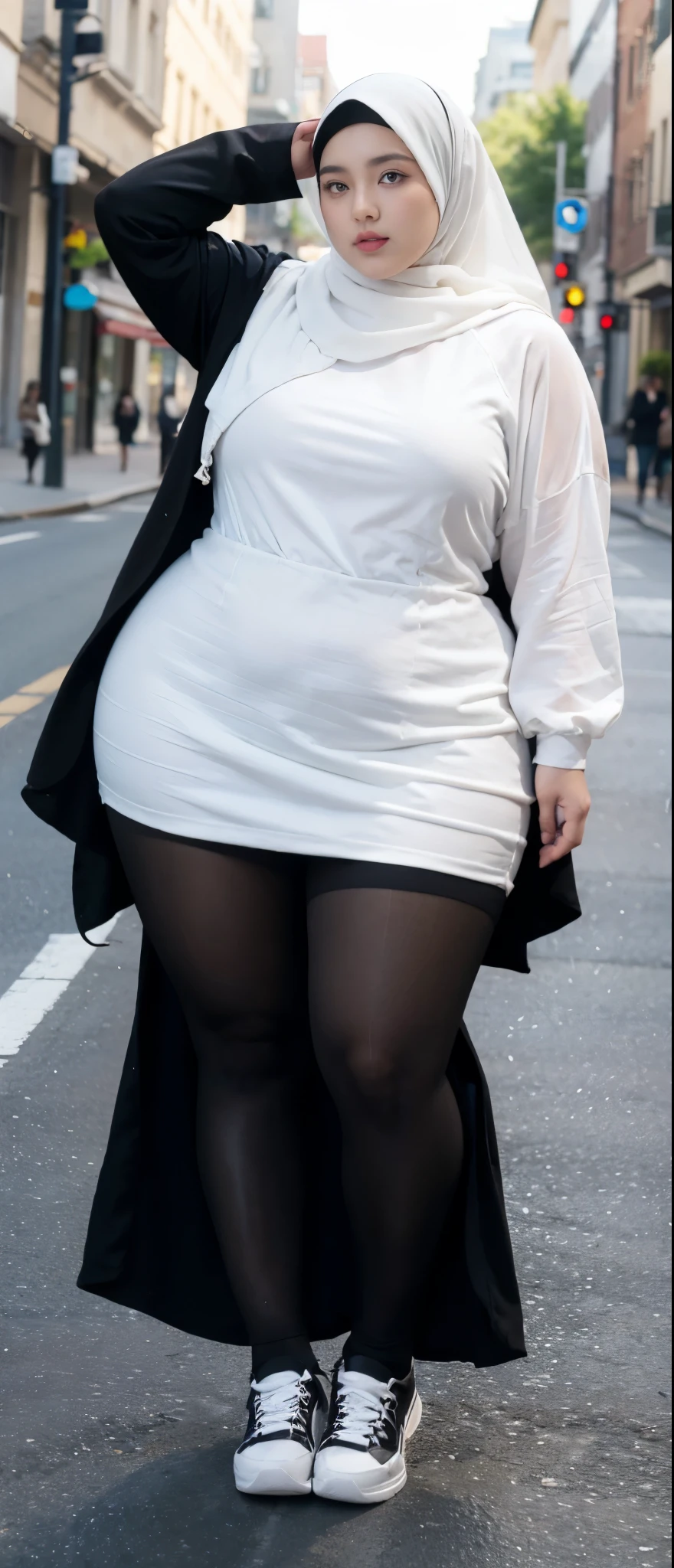 Milky white skin woman in black dress and hijab walking down the street, , hijab outfit, , hijab fashion model, plus size, plus size woman, , woman in black robes, beautiful woman, thicc, black outfit,, bbwchan , white sneakers , Height 170 cm, beautiful woman, with a beautiful appearance, a very beautiful masterpiece, a masterpiece of art, good lighting, Bright colors, Clean lines