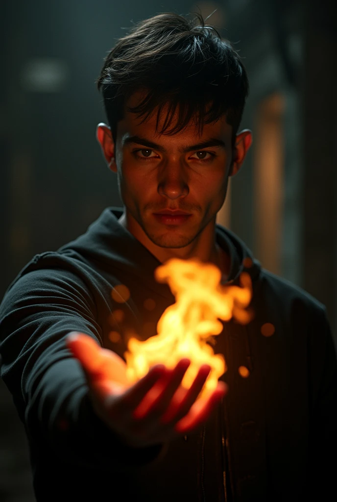 A young man who hold fire in his hand