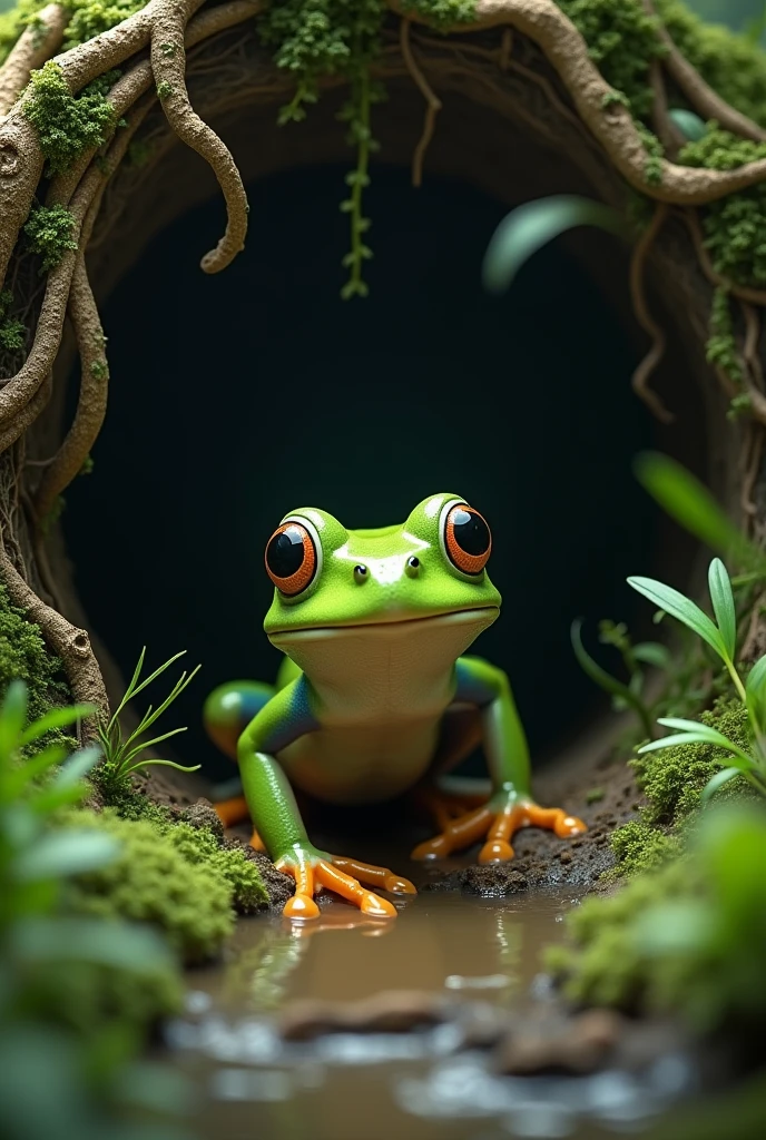 A frog comes out of the hole