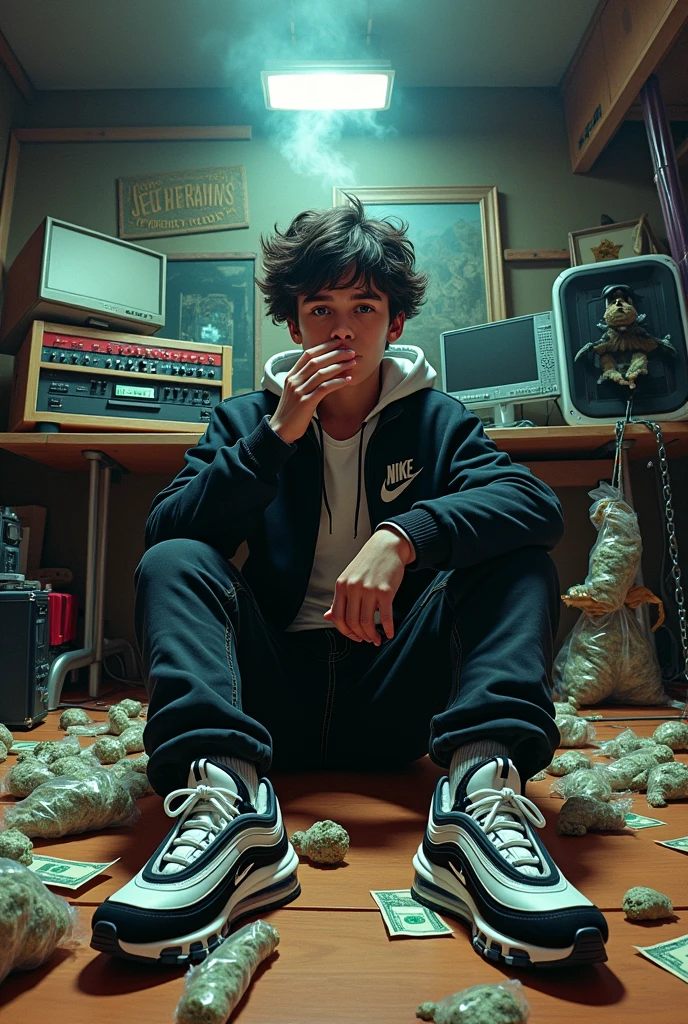 cartoon, album cover, high quality, boy smoking marijuana sitting alone in a home studio, black kangaroo jacket, black jean, nike air max 97 color negro, bags of marijuana buds, fish eye view, dollars on the floor, high resolution, Details