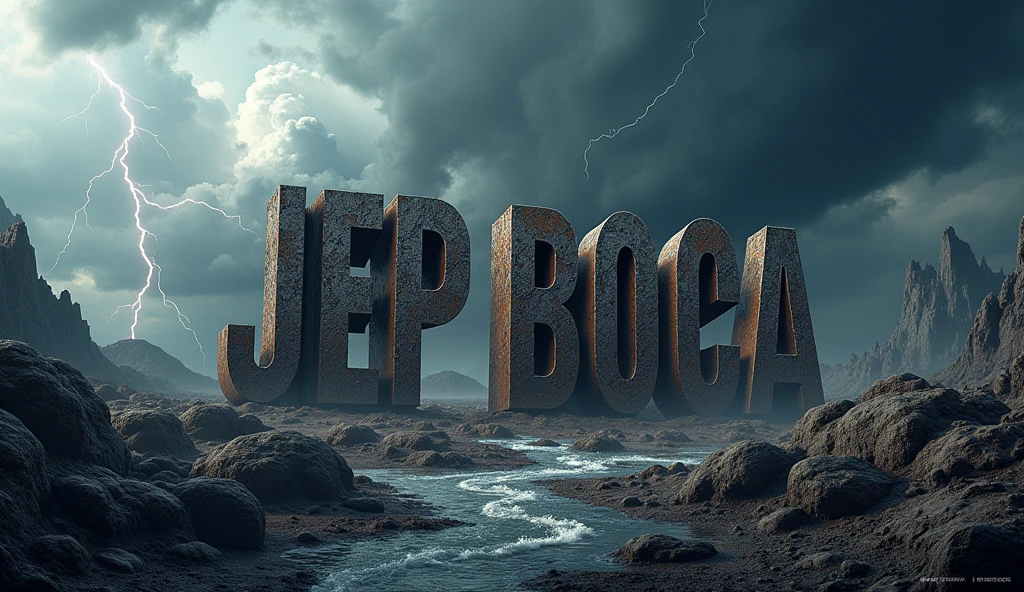 Poster with the word Jep Boca in 3D with a catastrophic nature background
