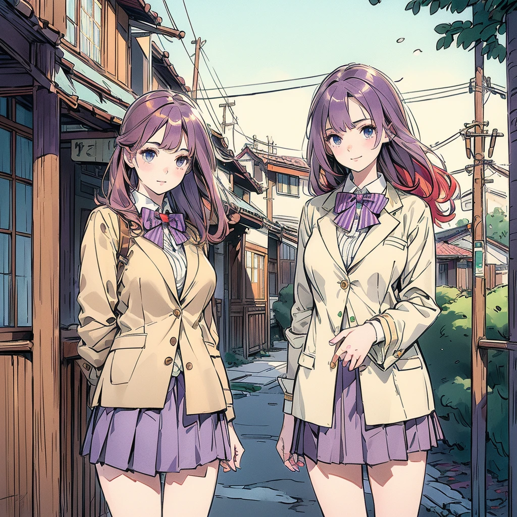 (masterpiece:1.3, Highest quality, Ultra-high resolution, Super detailed), (Realistic, photoRealistic:1.4), Beautiful illustrations, Perfect lighting, Natural light, colorful, Depth of written boundary,
View your viewers, Cowboy Shot, Front view, 1 girl, Japanese, high school girl, Perfect Face, Cute and symmetrical face, Glowing Skin,
(Long Hair:1.2, ((Both sides up:1.2)), Purple Hair), break, Emerald green eyes, (Large Breasts:0.8, Captivating thighs), thin,
Beautiful Hair, Beautiful Face, Beautiful attention to detail, Beautiful clavicle, Beautiful body, Beautiful breasts, Beautiful thighs, Beautiful feet, Beautiful fingers,
((private , Red pleated skirt with gold lines, white blouse shirt, (Beige blazer with purple stripes, Close Blazer), Red bow tie), Red hair ribbon),
(Beautiful views), evening, (Outdoor), Are standing, , (Cute smile, Upward glance, Open your mouth),