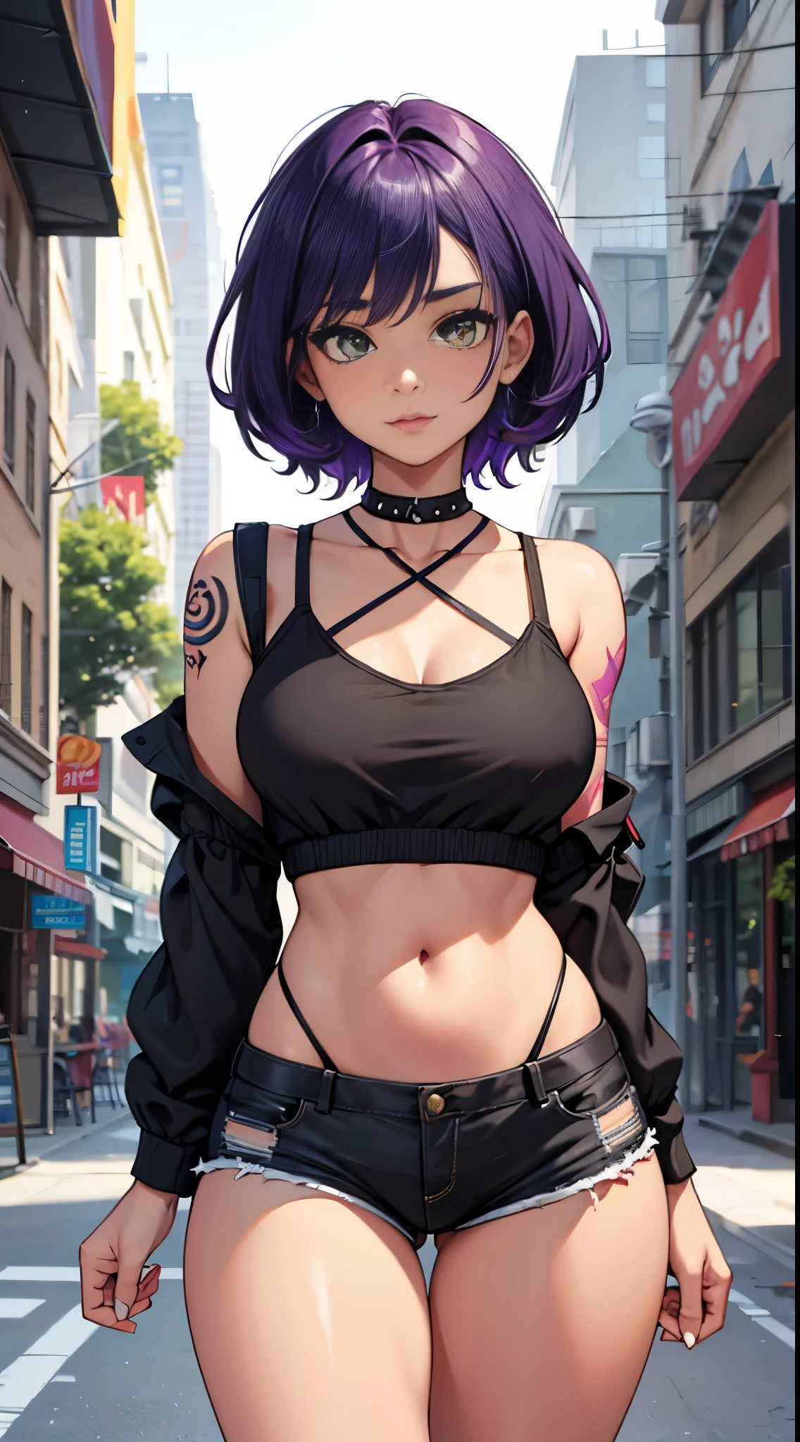 Beautiful black girl, had green eyes, Purple Hair, He has several tattoos all over his body., Wearing shorts, The outline of her thighs is clearly visible, Wearing a short blouse, Show me your belly