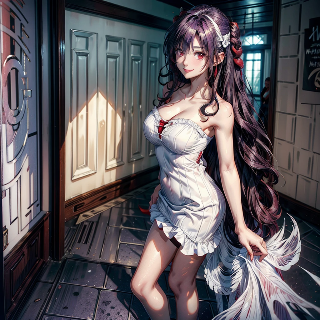 women, hair a little long and ((curly)), ((by white)), Red eyes, White and purple strapless dress, standing, Whole body, at the entrance of a house, smiling, Broad smile.