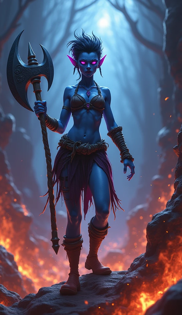 Destiny, the light blue Tiefling from Dungeons and Dragons, best quality, ultra-detailed CG unity 8k wallpaper, raging anger, high resolution, dynamic pose, beautiful face, 2 demon horns, (glowing purple and black eyes:1.2, black and purple pixie-cut hair:1.3, ragged cloth tube top, ragged loincloth, B cup breasts,  small boobs:1.8, bare midriff), depth of field, firey hellscape, dark light, night time), (high fantasy), weilding a battleaxe, (abs:1.5), (muscles:1.8), (light blue skin:1.2) (pixie hair)