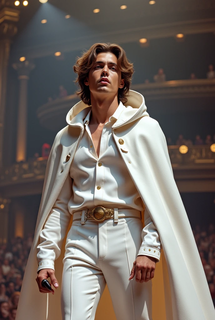 artwork best quality realism handsome american male teenager long brown hair light skin with white cape and hooded coat on head with gold accents white long sleeve shirt and white pants underneath intricate details singing holding a microphone singing seen from afar in an ultra detailed concert with uhq 8k details