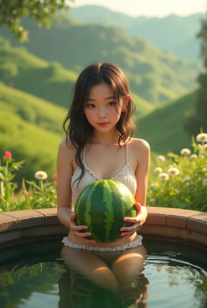 a girl cooling a watermelon in a well, beautiful detailed eyes, beautiful detailed lips, extremely detailed face, long eyelashes, beautiful girl, summer, idyllic countryside, natural light, serene, photorealistic, highly detailed, 8k, (best quality,4k,8k,highres,masterpiece:1.2),ultra-detailed,(realistic,photorealistic,photo-realistic:1.37),HDR,UHD,studio lighting,ultra-fine painting,sharp focus,physically-based rendering,extreme detail description,professional,vivid colors,bokeh,portrait,landscape