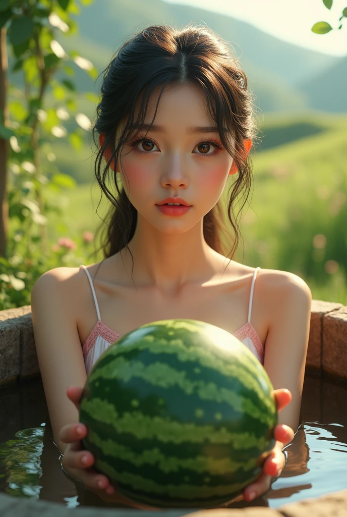 a girl cooling a watermelon in a well, beautiful detailed eyes, beautiful detailed lips, extremely detailed face, long eyelashes, beautiful girl, summer, idyllic countryside, natural light, serene, photorealistic, highly detailed, 8k, (best quality,4k,8k,highres,masterpiece:1.2),ultra-detailed,(realistic,photorealistic,photo-realistic:1.37),HDR,UHD,studio lighting,ultra-fine painting,sharp focus,physically-based rendering,extreme detail description,professional,vivid colors,bokeh,portrait,landscape