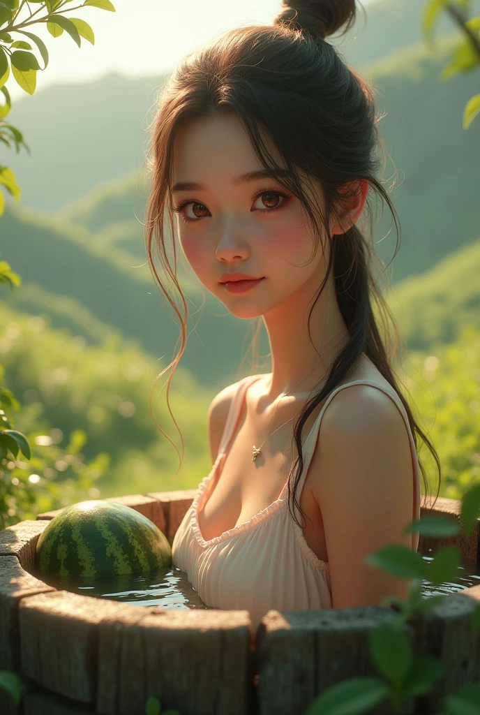 a girl cooling a watermelon in a well, beautiful detailed eyes, beautiful detailed lips, extremely detailed face, long eyelashes, beautiful girl, summer, idyllic countryside, natural light, serene, photorealistic, highly detailed, 8k, (best quality,4k,8k,highres,masterpiece:1.2),ultra-detailed,(realistic,photorealistic,photo-realistic:1.37),HDR,UHD,studio lighting,ultra-fine painting,sharp focus,physically-based rendering,extreme detail description,professional,vivid colors,bokeh,portrait,landscape