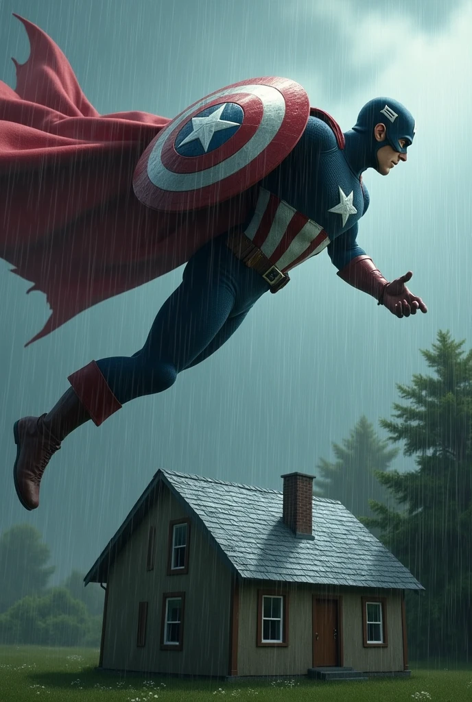 captain America , floating in the air with his cape, protecting a house from rain with a shield , put it on the roof flying over the house sideways with your arm above , that is in a horizontal position on its side and that it is raining