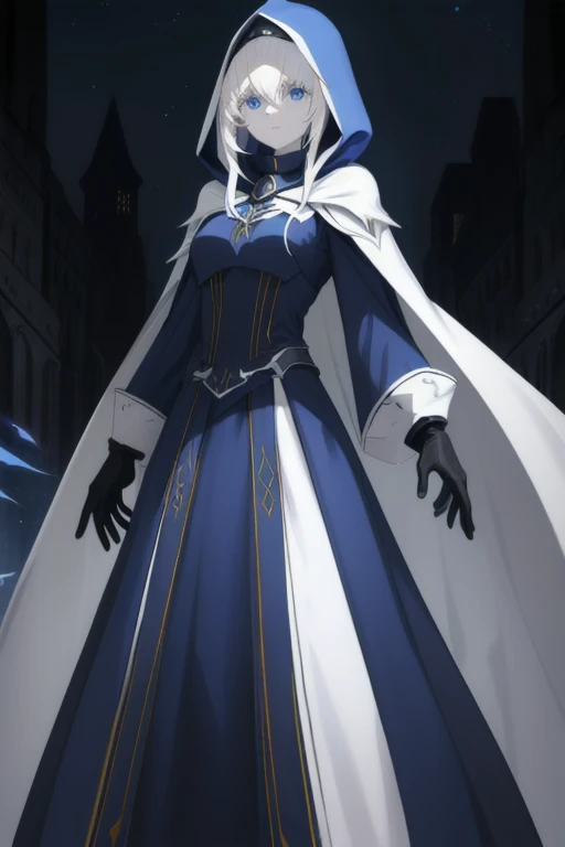 wearing edgCultist_hood, gloves, hair, 1girl, white hair, solo, white skin, whjte gloves, bodysuit, blue eyes, blue cape, long skirt, Masterpiece, Best Quality, night