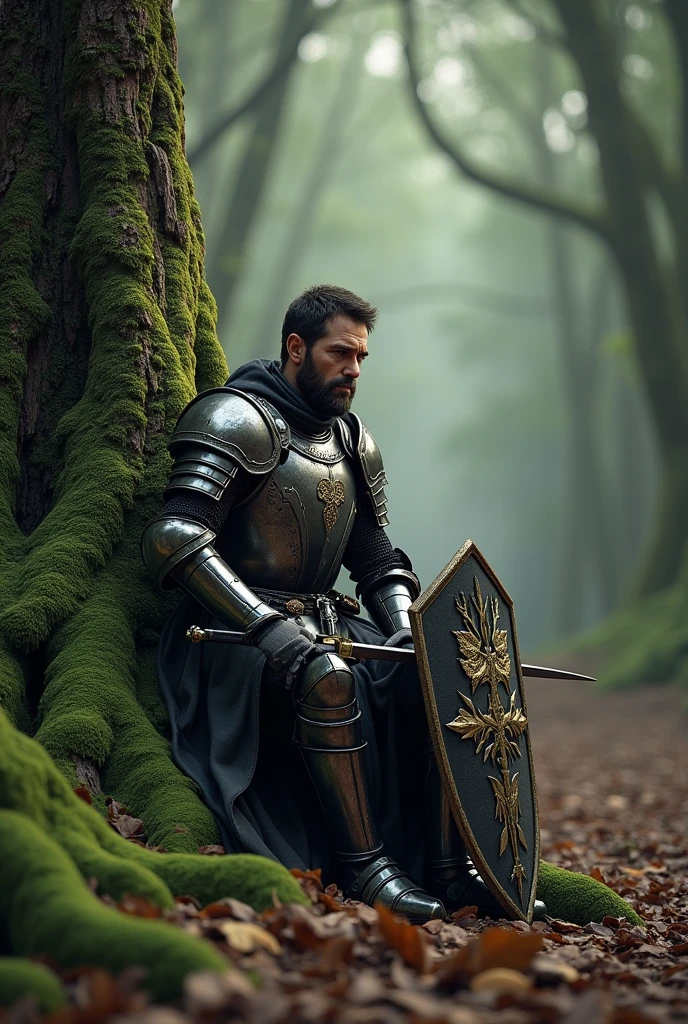 (photorealism:1.2), A Knight sit down at trunk , with shield and sword leaning on the trunk