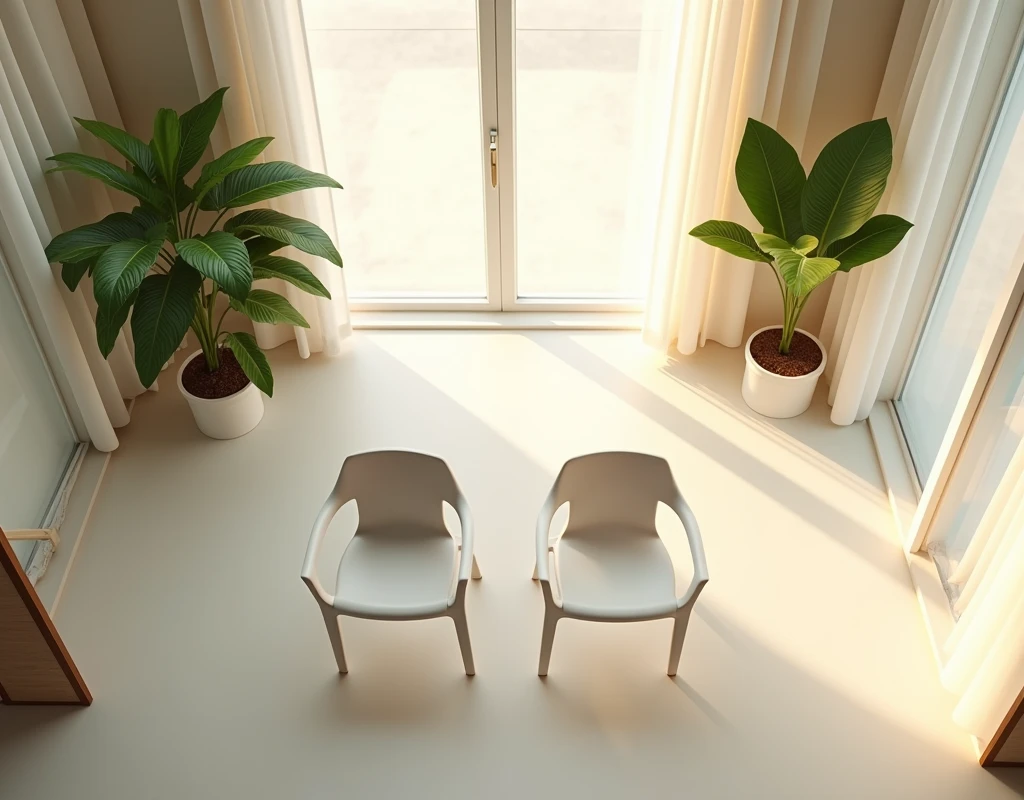45度角Top view,Simple and elegant modern interior,Two chairs are placed in the middle of the picture.,No table,Floor-to-ceiling windows边上,Floor-to-ceiling windows,White translucent curtains,Top view,There are two simple white plastic chairs with backrests.,Two chairs close together,Placed alternately front and back,Random placement,Center,Two chairs placed together facing the camera,There are large green plants in the corner,No table,Modern interior decoration environment,There are furnitures,Warm and comfortable indoor environment,阳光透过Floor-to-ceiling windows照射进来