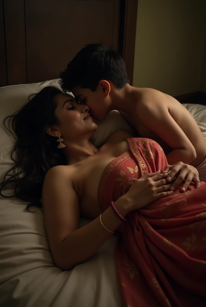 A Busty MILF Indian lady lying on Bed Wearing Saree on waist and her nude Breasts Exposed Kissing a teen young Boy, Dim light in the room, Realistic image.