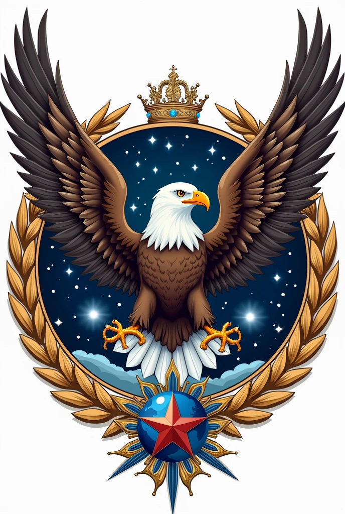 A neoclassical style emblem/Crest design. Containg aspects of both air force and space force and. Like Globe, orbit, eagle, wreath etc. Military Insignia vector illustration.It should incorporate elements of both air and space warfare. Using a classic yet modern theme 