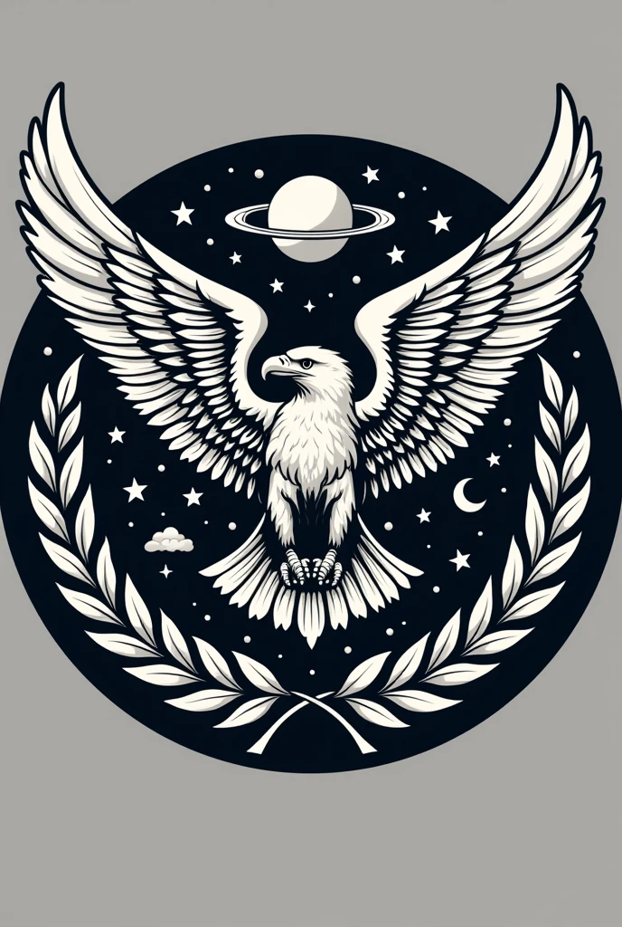 A neoclassical style emblem/Crest design. Containg aspects of both air force and space force and. Like Globe, orbit, eagle, wreath etc. Military Insignia vector illustration.It should incorporate elements of both air and space warfare. Using a classic yet modern theme