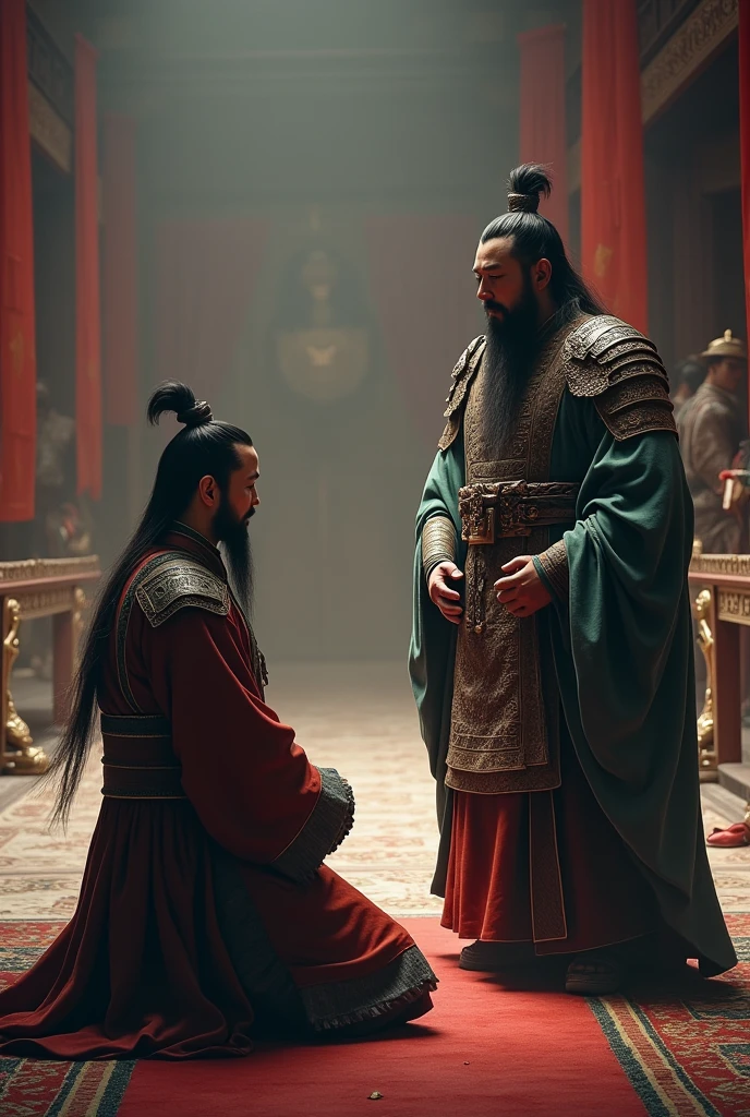 Guan Yu with a beard kneels and talks with Cao Cao.
