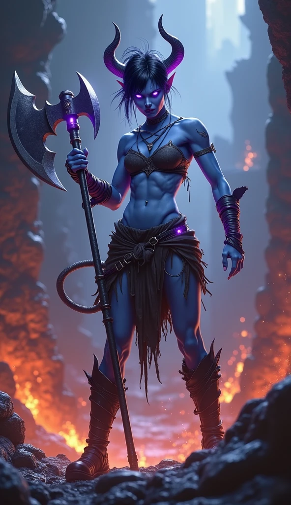 Destiny, the light blue Tiefling from Dungeons and Dragons, best quality, ultra-detailed CG unity 8k wallpaper, raging anger, high resolution, dynamic pose, beautiful face, 2 demon horns, (glowing purple and black eyes:1.2, black and purple pixie-cut hair:1.3, ragged cloth tube top, ragged loincloth, B cup breasts, small boobs:1.8, bare midriff), depth of field, firey hellscape, dark light, night time), (high fantasy), weilding a battleaxe, (abs:1.5), (muscles:1.8), (light blue skin:1.2) (pixie hair)