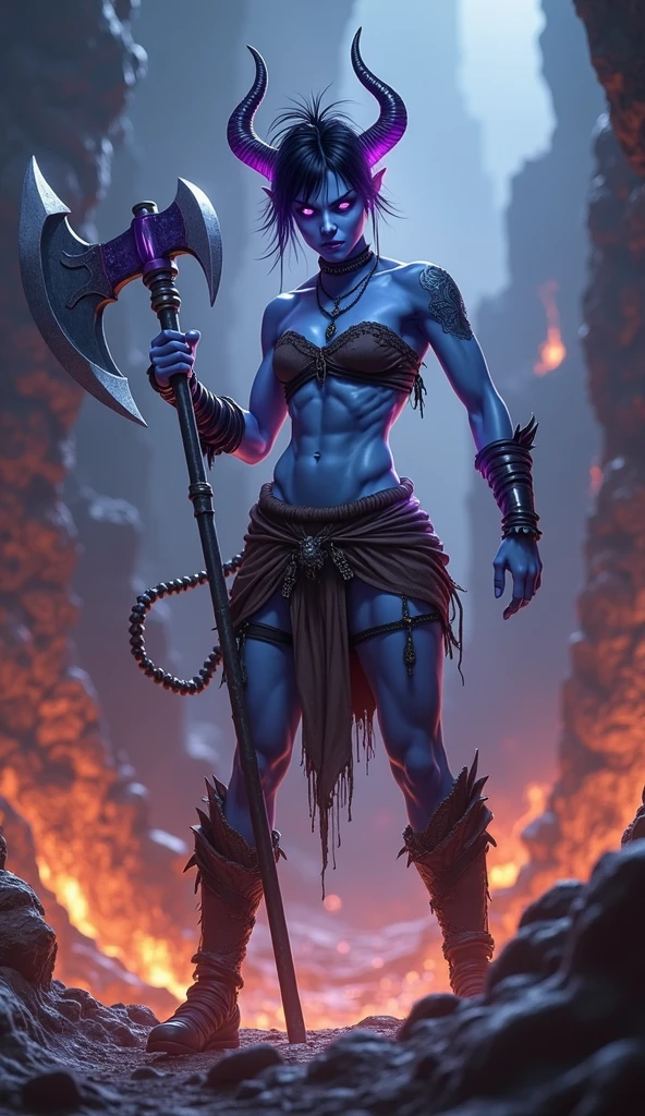 Destiny, the light blue Tiefling from Dungeons and Dragons, best quality, ultra-detailed CG unity 8k wallpaper, raging anger, high resolution, dynamic pose, beautiful face, 2 demon horns, (glowing purple and black eyes:1.2, black and purple pixie-cut hair:1.3, ragged cloth tube top, ragged loincloth, B cup breasts,  small boobs:1.8, bare midriff), depth of field, firey hellscape, dark light, night time), (high fantasy), weilding a battleaxe, (abs:1.5), (muscles:1.8), (light blue skin:1.2) (pixie hair)