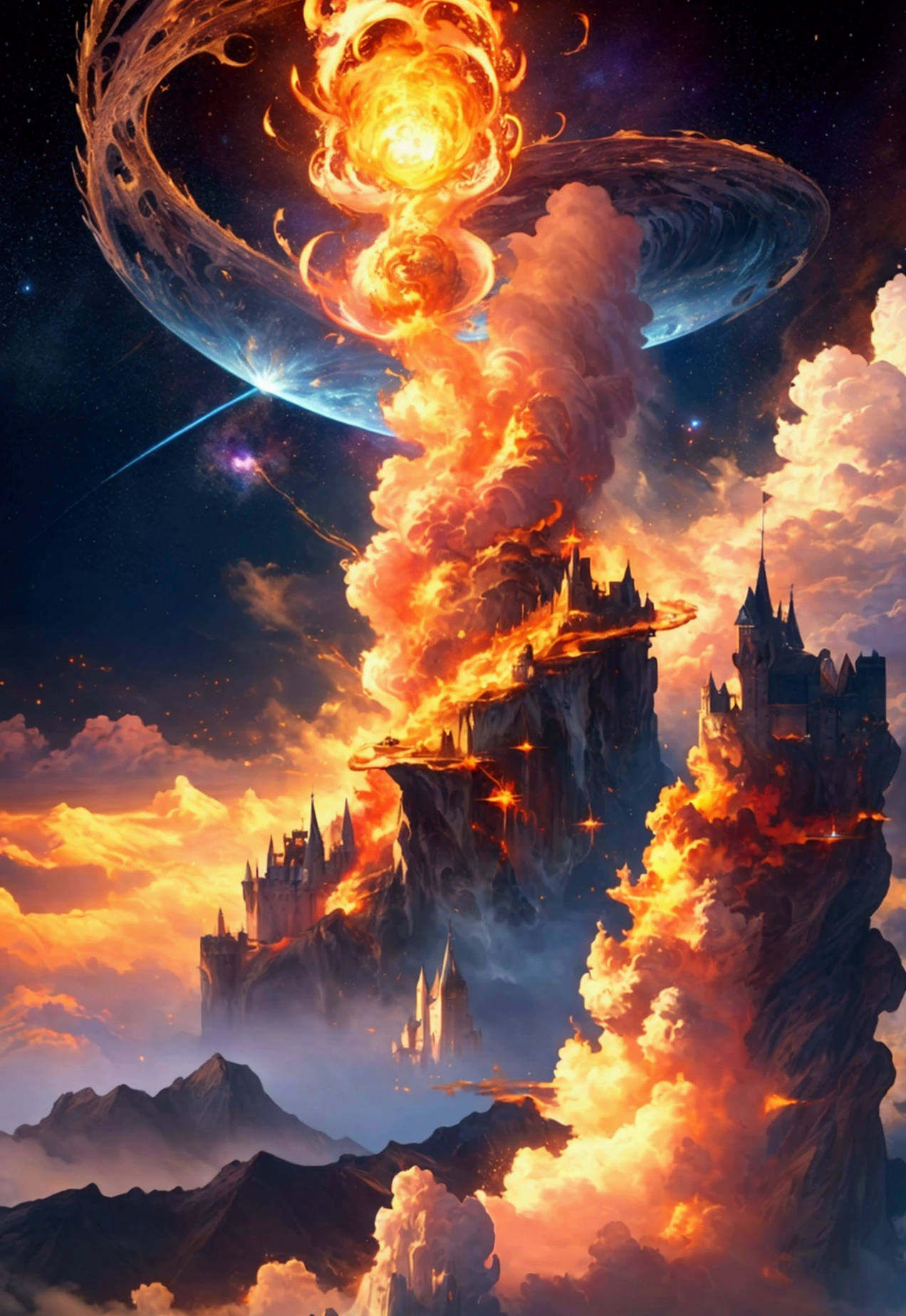 (masterpiece,top quality,high quality)), ((8K wallpaper unified with high definition CG)), multiple mountains with a castles floating in the sky looking heavenly and divine surrounded by swirling magical fire and water flying through a galactic space,