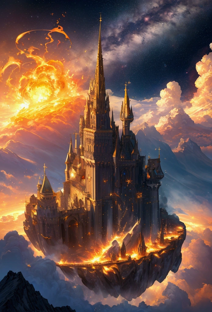 (masterpiece,top quality,high quality)), ((8K wallpaper unified with high definition CG)), multiple mountains with a castles floating in the sky looking heavenly and divine surrounded by swirling magical fire and water flying through a galactic space,