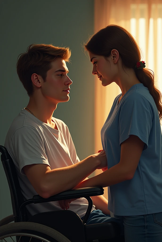 A 20-year-old man in a wheelchair alone with a 2 female caregiver in front of him and in love