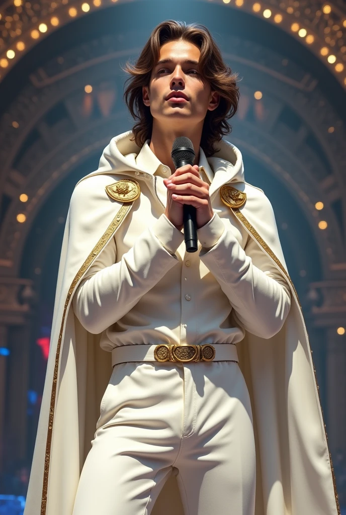 artwork best quality realism handsome american male ager long brown hair light skin with white cape and hooded coat on head with gold accents white long sleeve shirt and white pants underneath intricate details singing holding a microphone singing seen from afar in an ultra detailed concert with uhq 8k details