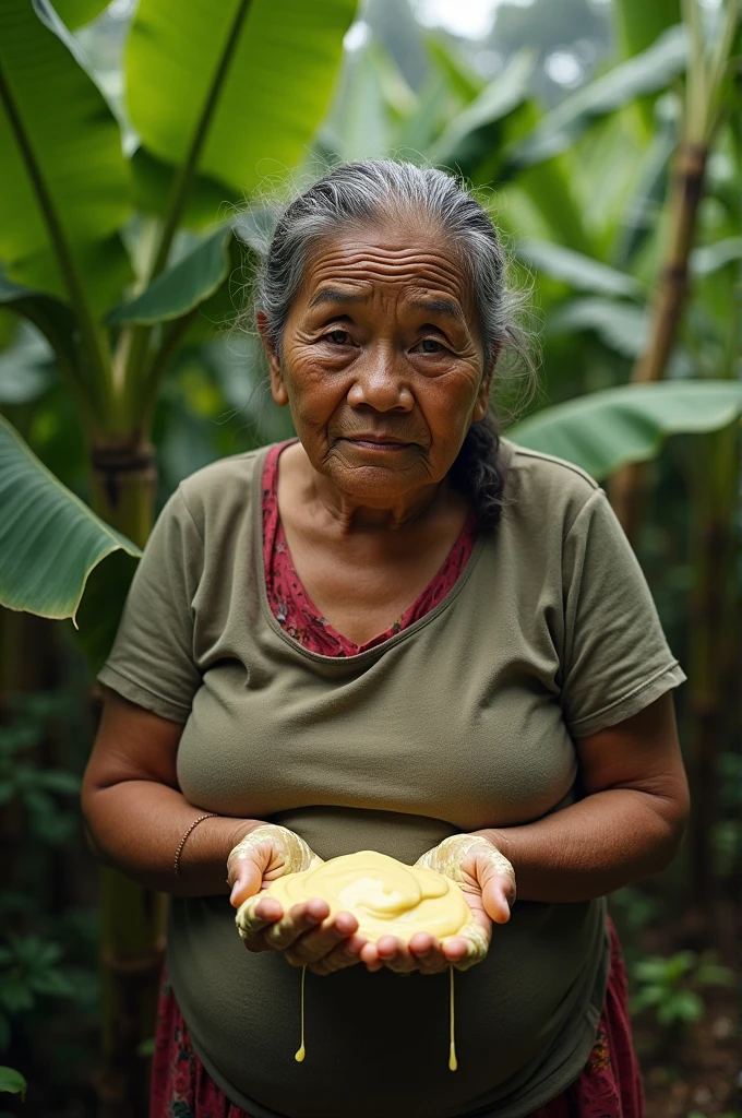 an old Indonesian woman,big breasted old indonesian woman,sexy old woman,face of asian indonesia,woman shows hands covered in mayonnaise,tired and weak expression,banana garden background