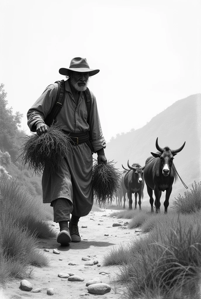 The muleteer can collect additional fodder to ensure that the animals have enough food.. draw it with graphite pencil sketch effect.