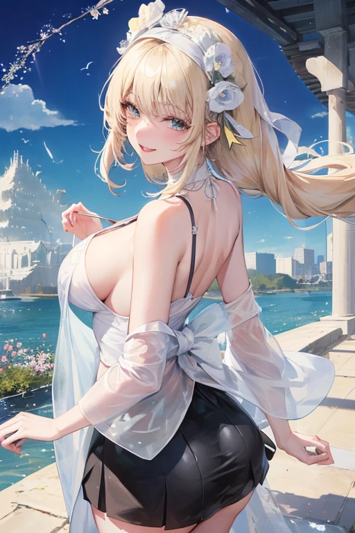 Official Art, masterpiece, Clear focus, (beautiful, Beautiful and lovely Korean woman:1.3), (Beautiful and cute Korean:1.3), Korean beauty, 精致beautiful头发、Eyes and face, Practical, Extremely detailed, beautiful女孩, Blue sky, Glowing white particles, (Side Light:1.2), Sunlight, White Cloud, Detailed clouds, Slim, Such a cute big ass, Smile with teeth bared, ((Smile with your eyes, Open your eyes)), landscape, Long straight hair, Sexy facial expressions, architecture, (城市landscape:1.7), Dynamic Hair, very Long straight hair, Delicate platinum-blonde hair, Green Eyes, Pink skirt, Black socks, Pale skin, Hair accessories, epic landscape,,White high heels,Beautiful butt,beautiful buttocks,There's nothing under the skirt.,weight loss
