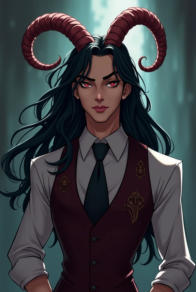 A guy with black hair, vest suit, Wide, chubby goat horns and seductive look in the animated version of the Hazbin Hotel series