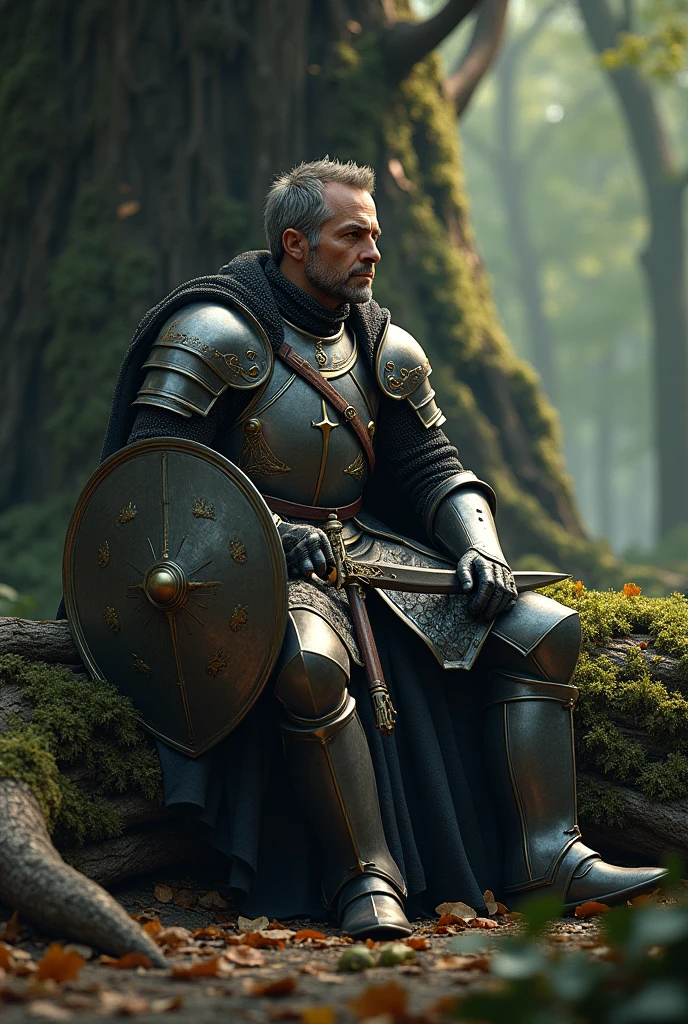 (photorealism:1.2), A Knight sit down at trunk , with shield and sword leaning on the trunk