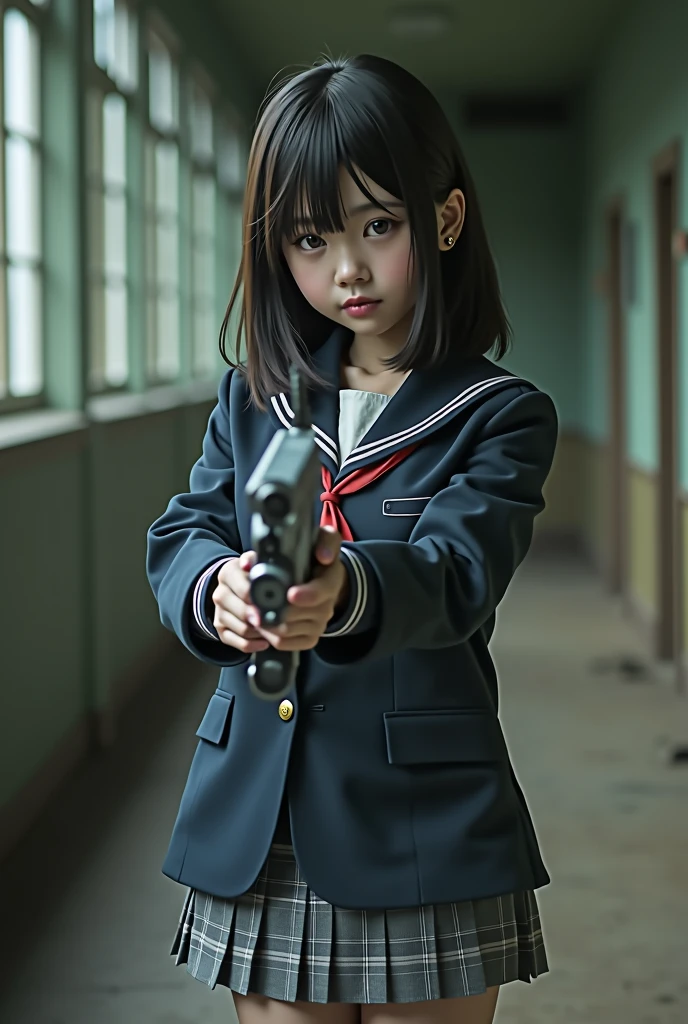 Ultra-realistic, Wide Shot, 1 person, Japanese schoolgirl, Straight medium hair, A navy blue blazer with a red ribbon tie over a white dress shirt, Checked mini skirt, white calf, Have a machine gun、The gun is pointing this way, Kimura Fumino, Bokeh effect, Depth of written boundary, Ultra-realistic, Professional photography, Movie lightingThis image is、Sailor suit,She is wearing black knee socks and high heels.,Big guns,The gun is silver、She holds it firmly with both hands。Her expression was serious and、His gaze is fixed on me.,Overall image,indoor,Abandoned house,Abandoned Factory,