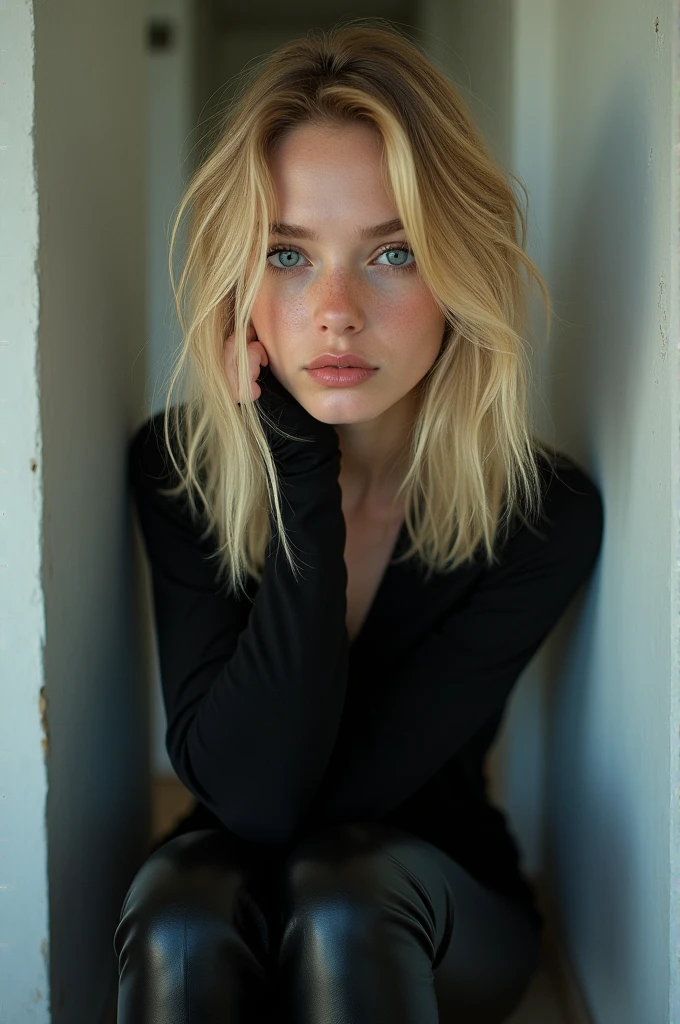 Teenage blonde girl with shoulderlong hair and blue eyes wearing leather Leggings