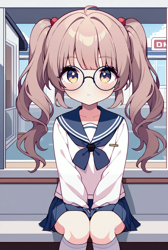 “Create a detailed pixel art image of a 16-1 girl student named Xuanxuan. She has light brown curly twin tails, large round glasses with thick frames, and a shy or serious expression. She is wearing a knee-length school uniform skirt with long socks. Her style is cute and lively with a hint of mature Japanese influence. The setting is inside or outside the NO LINE diner, with a warm and cozy atmosphere. Ensure her design and details are consistent with her established appearance, emphasizing her playful yet serious nature.”