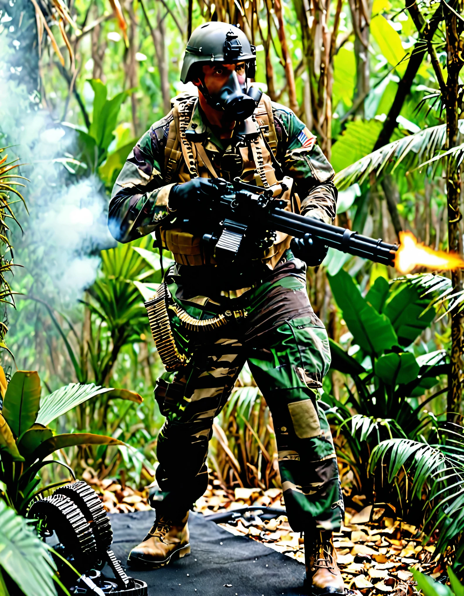 (masterpiece), (best quality), (hires), highly detailed, 1man, male focus, solo, solo focus, using m134 minigun, us military, war zone, firing the gun, helmet, full combat gear, fingerless gloves, matching boots, perfect hands, jungle backdrop, gas mask, fix hands