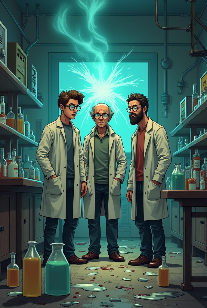 Laboratory in chaos, with spilled chemical bottles and scattered tools. Kevin, Bob, and Stuart looked at each other with tired and disappointed faces after many failed experiments.. Light from a faulty device flickers, symbolizes failure