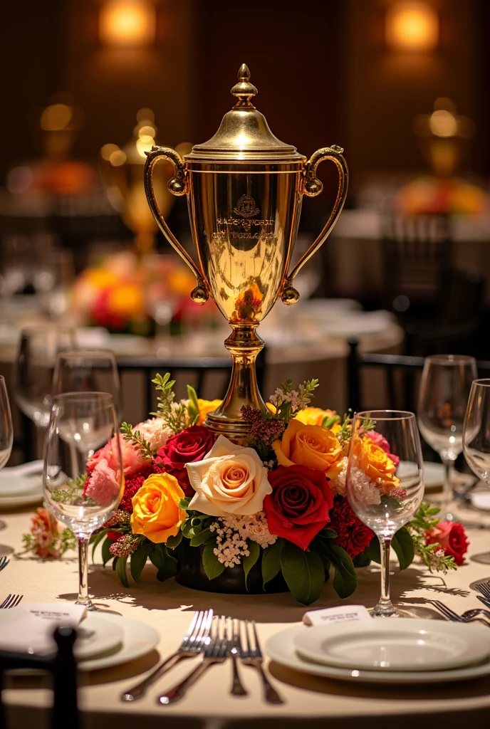trophy with flowers as table centerpiece for sports related dinner event 