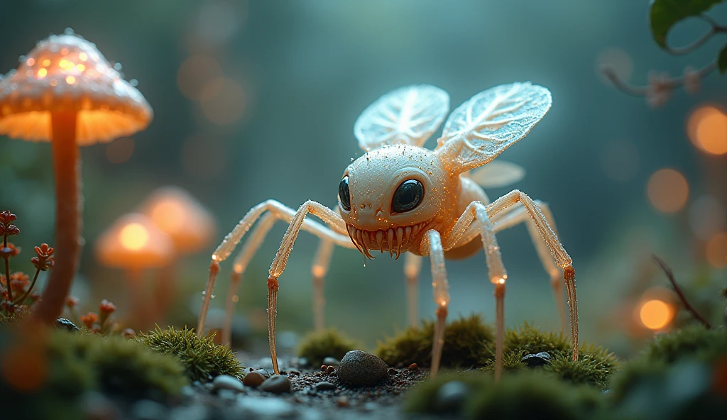 Meta tested - Generate a detailed image of a fantastical creature, resembling a hybrid of a Spider-man, with a translucent body. Place this creature in a miniature world, The overall atmosphere should be dreamy and magical, with a bokeh background that emphasizes the tiny, enchanting details of the creature and its surroundings. The style should combine elements of hyper-realism and fantasy, capturing the delicate textures and vibrant colors with stunning clarity, luminiscent 