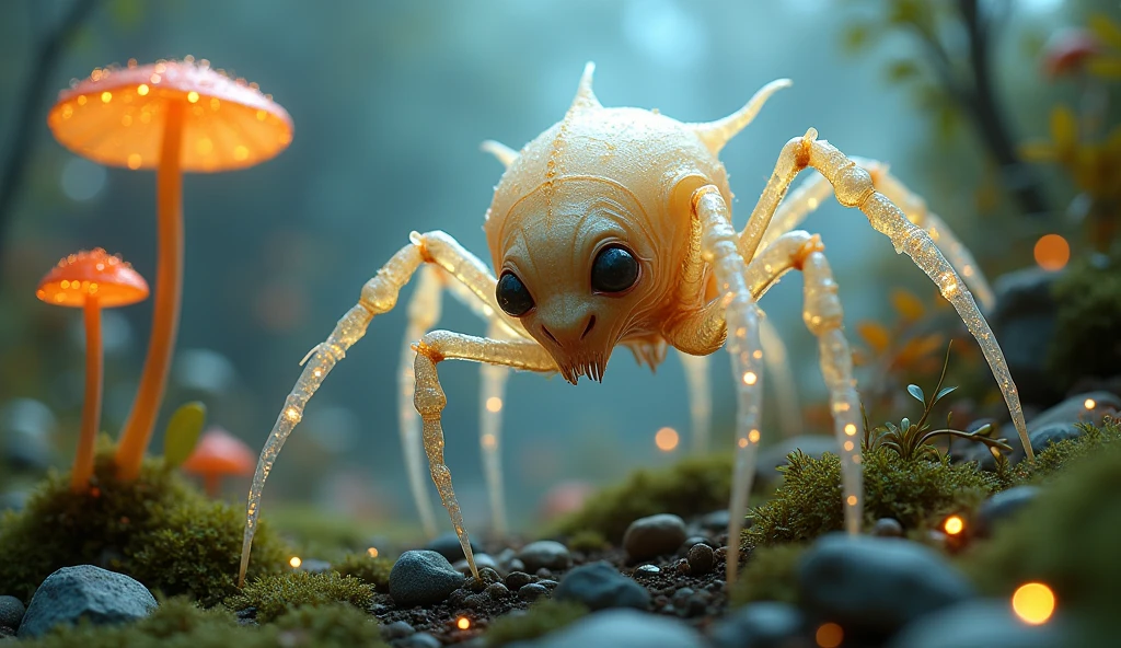 Meta tested - Generate a detailed image of a fantastical creature, resembling a hybrid of a Spider-man, with a translucent body. Place this creature in a miniature world, The overall atmosphere should be dreamy and magical, with a bokeh background that emphasizes the tiny, enchanting details of the creature and its surroundings. The style should combine elements of hyper-realism and fantasy, capturing the delicate textures and vibrant colors with stunning clarity, luminiscent