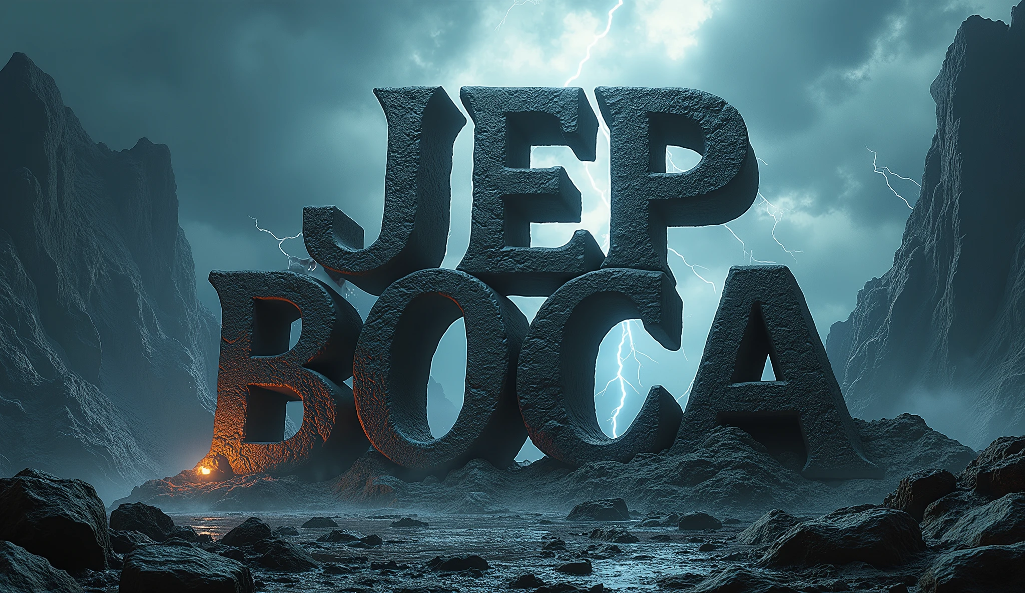 Poster with the word Jep Boca in 3D with a catastrophic nature background