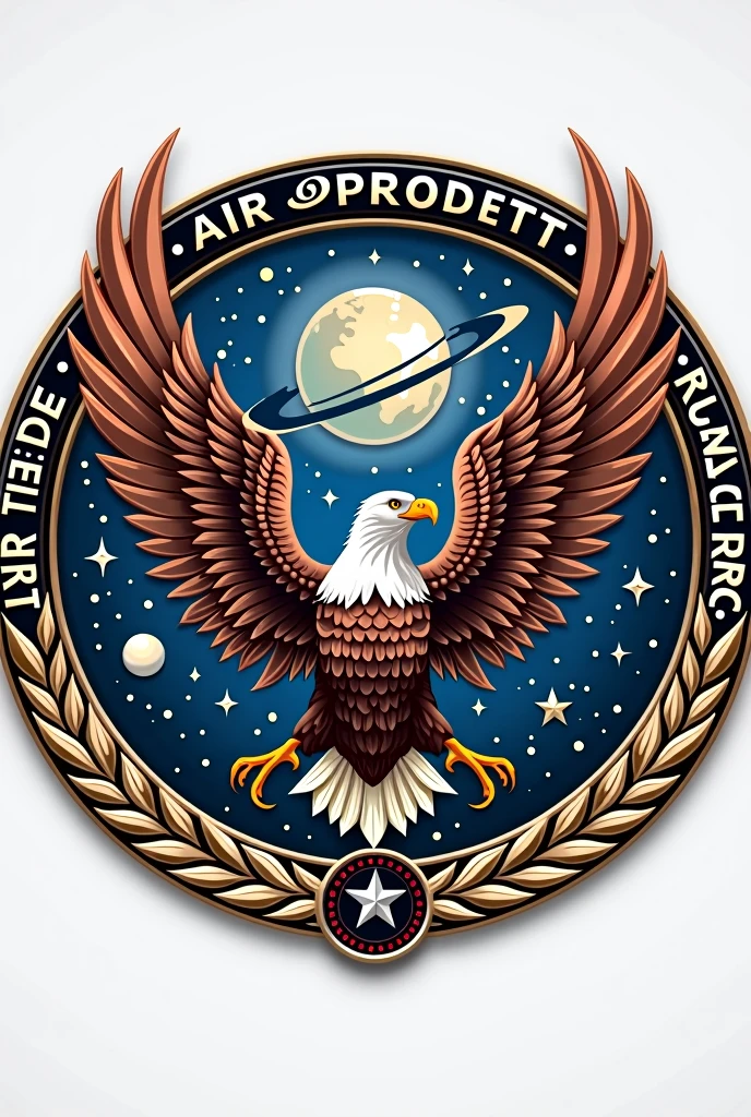 A neoclassical style emblem/Crest design. Containg aspects of both air force and space force and. Like Globe, orbit, eagle, wreath etc. Military Insignia vector illustration.It should incorporate elements of both air and space warfare. Using a classic yet modern theme