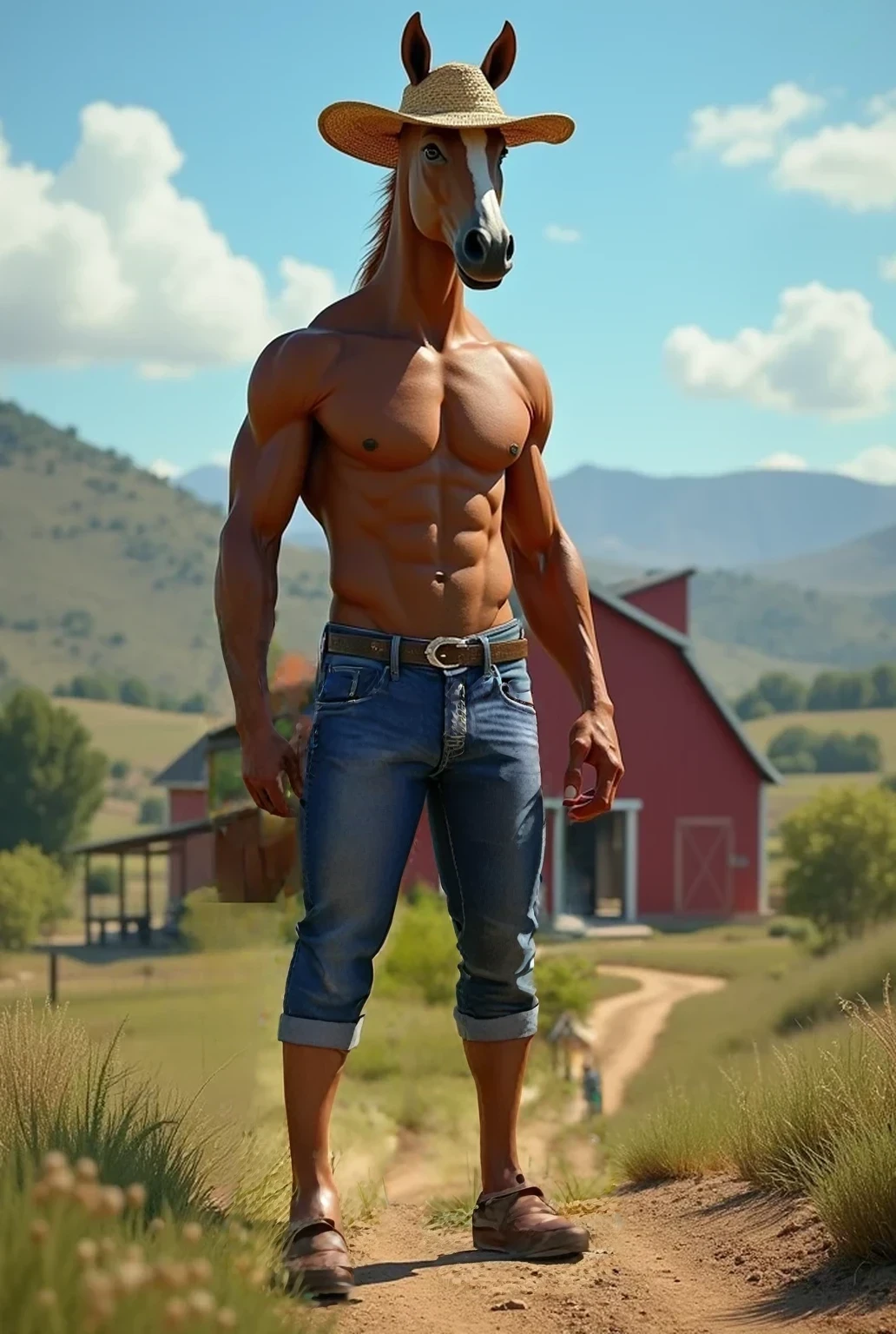 Wearing a cowboy hat、A man wearing jeans is standing on a dirt road, Muscular man hero, muscular character, サイバーパンクのIn the countryside, Mid shot of a handsome man, Shirtless techno viking man, Super buff and cool, Tall and muscular, Male art, Shirtless Cowboy Tarot Card, Muscular man, In the countryside, Post-apocalyptic cowboys