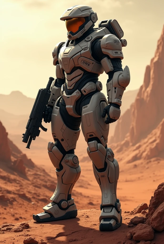 Dawnwesker6896 as Starship Trooper in Marauder suit, Shinji Aramaki version, tactical pose, portrait dynamic angle, space battlefield, mars terrain, ((photorealism:1,2)), realistic, masterpiece