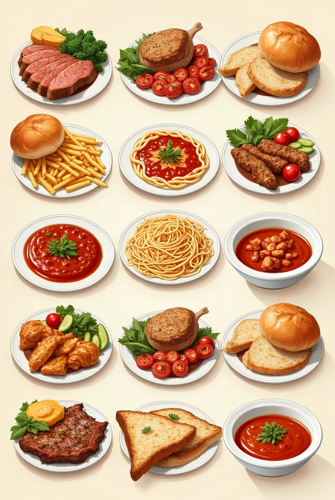 illustrated israeli main dishes that include meat, fish, Chicken, pasta and typical soups on a beige background  