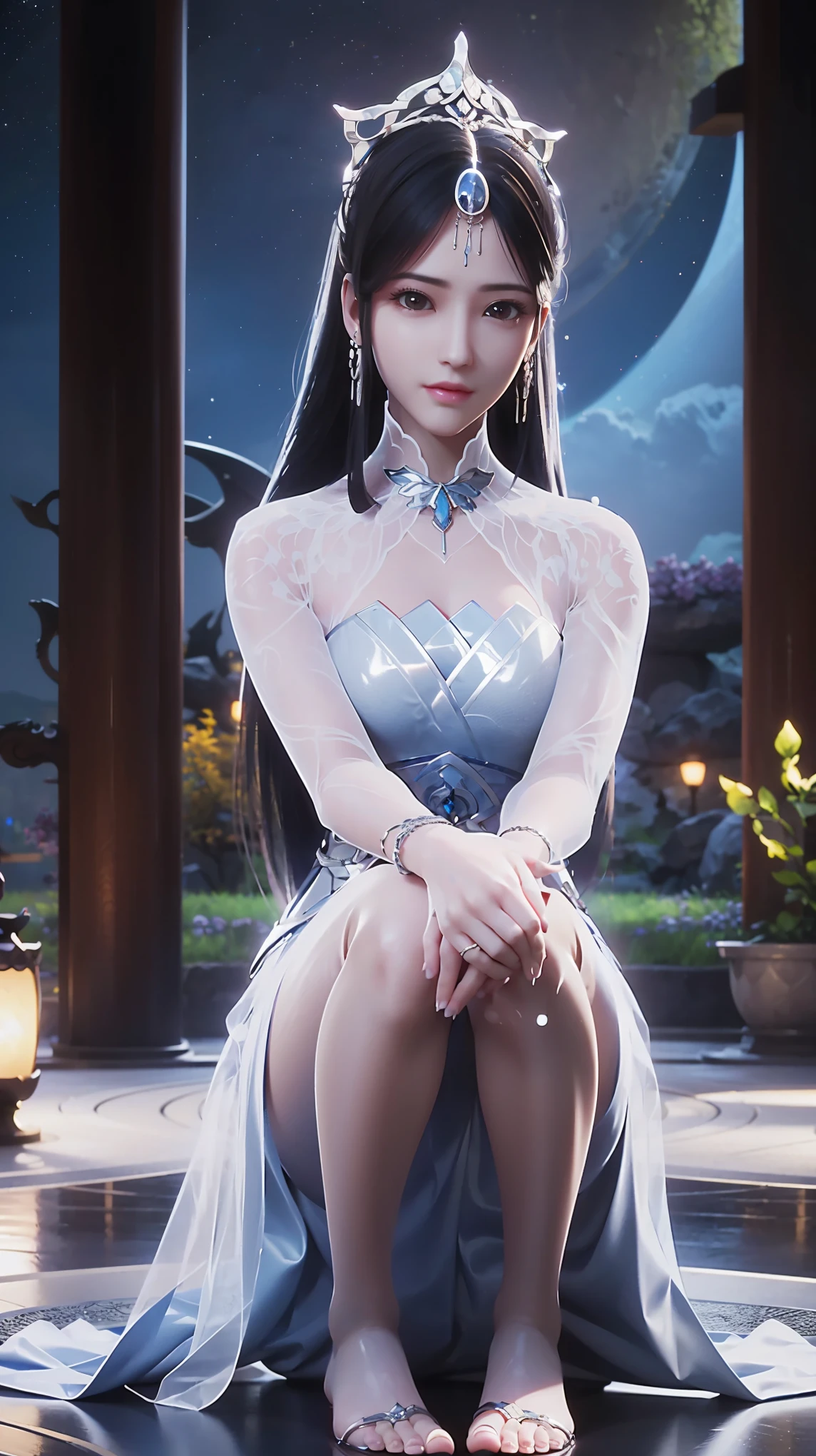 ((Biologically correct number of limbs))、(( Full body image(Including the face)))、4K、masterpiece、((Focus on the face))、((Symmetrical facial features))、The eyes are described in detail、Beautiful woman、Outstanding style、Beautiful arms、Beautiful legs、beautiful hands、(slim)、Facial details、Small earrings、necklace、(white shiny、Shiny dress、barefoot、radiant skin)、(Beautiful legsのアップ)、Sweat,Starry Sky,Starry Sky背景,Deep View,above water
