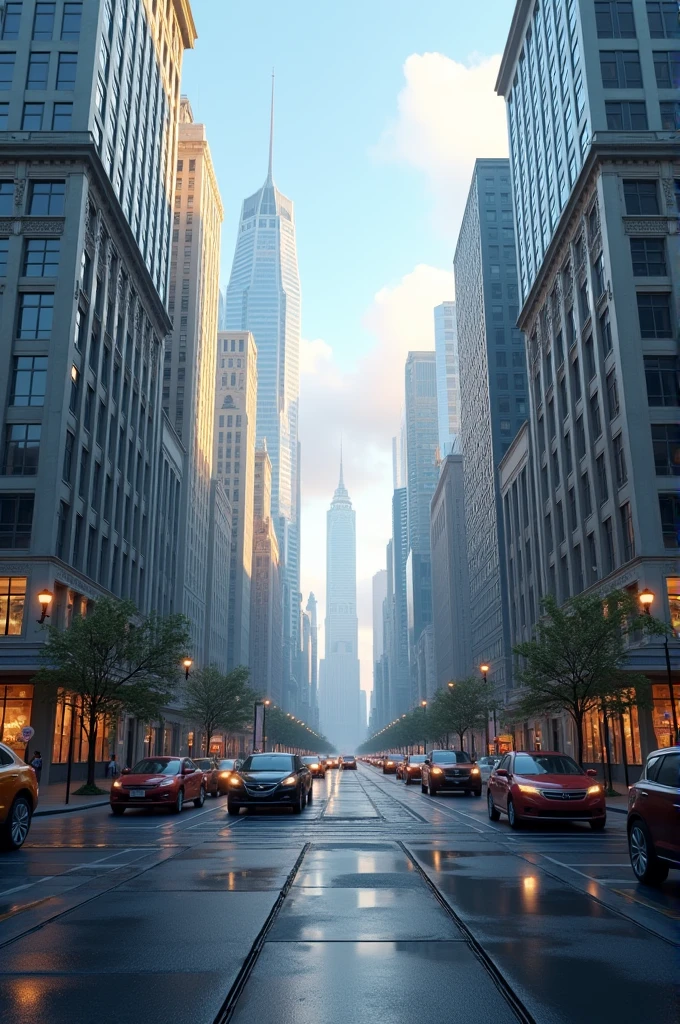 Create an image in which multiple buildings can be seen and which has only one vanishing point and which has some runs and changes of direction. 